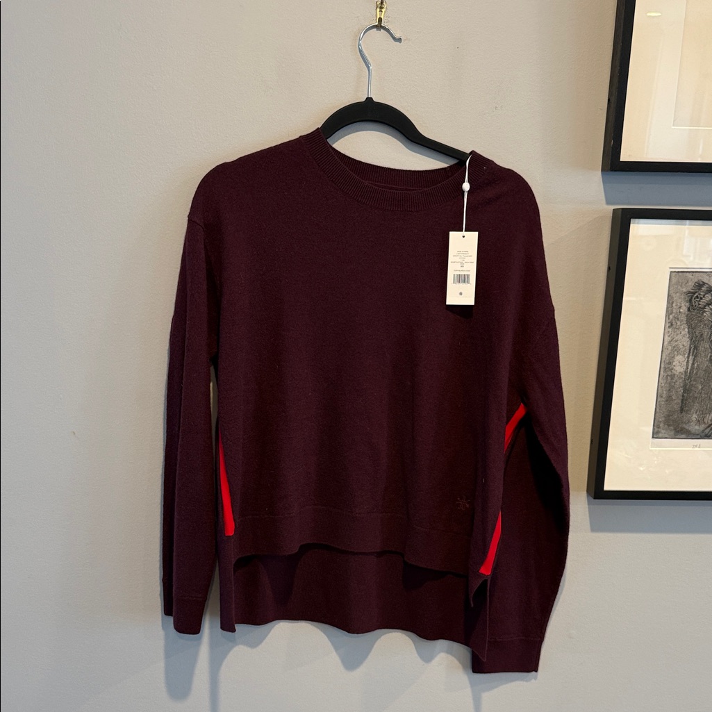 Tory Burch Sport Side-Stripe Lightweight Droptail Merino Wool Pullover Top